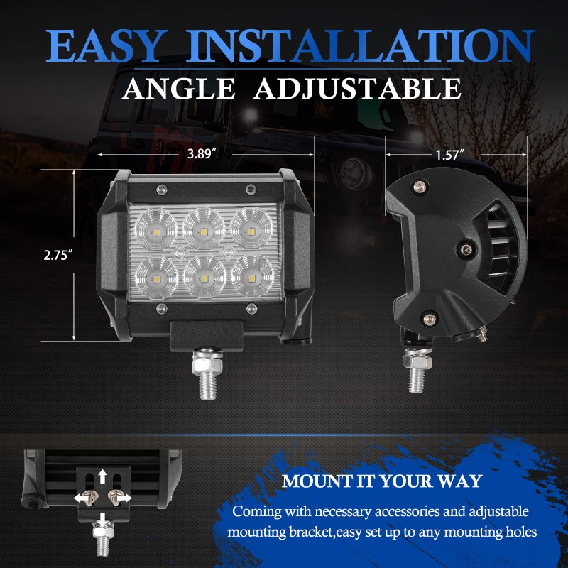 BUNKER INDUST 8Pcs 18W LED Light Pods 4 Inch Flood Beam Cube Work Lights Off Road Driving LED bars for Trucks Tractor UTV ATV Marine Golf Cart - Image 4